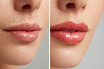 Naklejka premium Close-up of woman lips before and after comparison, left side showing dry natural lips and right side glossy hydrated lips for beauty skincare concept