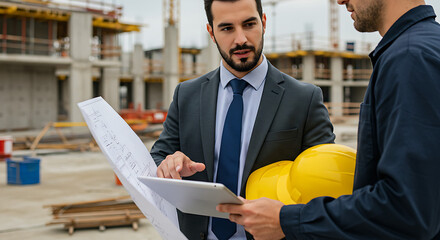 Businessman and construction worker reviewing blueprints on a job site