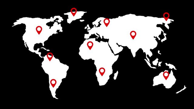 World map travel route location animation on dark background, world map showing the locations of countries Global Business Network. Motion graphics of location concept. 4k