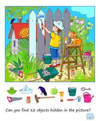 Can you find 12 objects hidden in the picture? Logic puzzle for smartest. Search and find game. Drawing of a boy working in garden. Page for kids brain teaser book. Hand drawn vector illustration.