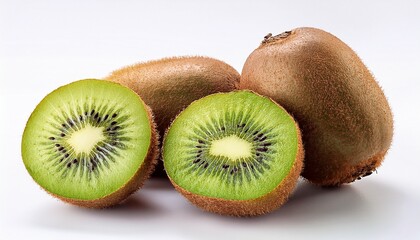 kiwi fruit halved and whole on white background