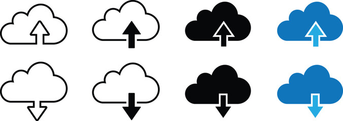 Cloud upload and download icon set with arrows in simple modern design, isolated on transparent background. Simple silhouette vector representing digital data transfer, file sharing and online backup.