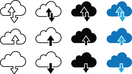 Obraz premium Cloud upload and download icon set with arrows in simple modern design, isolated on transparent background. Simple silhouette vector representing digital data transfer, file sharing and online backup.