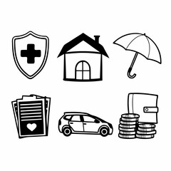 Insurance doodle set hand drawn shield, house, umbrella and money icons