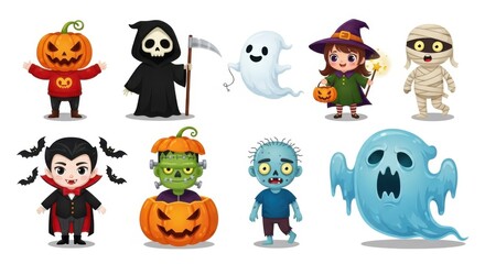 Collection of cute cartoon halloween characters including a vampire, witch, mummy, zombie, grim reaper, and ghosts isolated on white background
