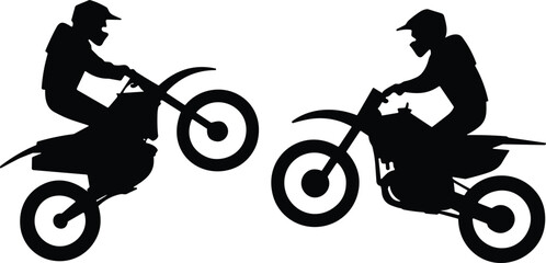 Silhouette illustration of motocross riders on dirt bikes, performing stunts, extreme sport, motorcycle racing, adventure, off-road biking, vector design, adrenaline, competition © Creatives Mind
