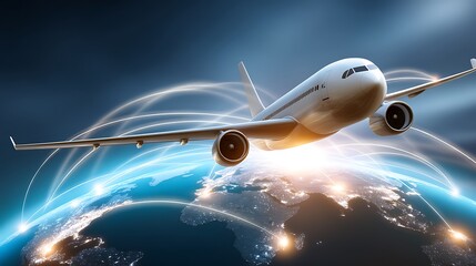 Airplane Flying Above Earth with Global Connections and Network Technology Elements