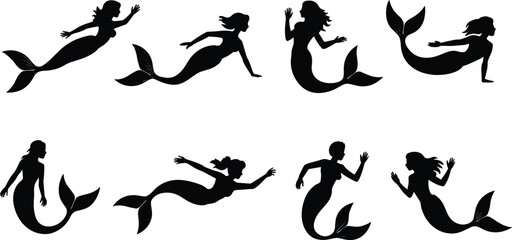 Silhouette mermaids collection swimming, underwater fantasy figures, mythical sea creatures illustration, aquatic fairy tale beings, vector art, magical ocean sirens, marine mythology design