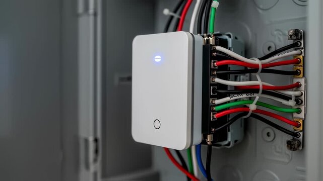 Different colored wires connected to a smart dimmer switch in a secure electrical box showcasing organized and clean wiring work.