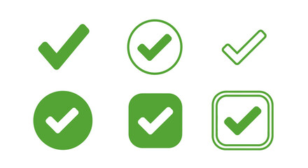 Six green check mark icons in various shapes and styles against a white background.
