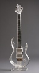 Naklejka premium Elegant crystal guitar with translucent body and silver crystal necks, standing tall against gray background, symbolizing luxury musical instrument and artistic craftsmanship