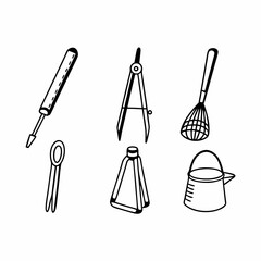 Obraz premium Hand tools set with screwdriver, compass, whisk, plier, tuner, bucket