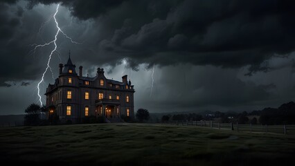 A spooky old Victorian haunted house on a hill, illuminated by lightning during a dark and stormy Halloween night. Horror movie concept