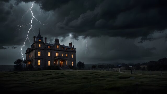 A spooky old Victorian haunted house on a hill, illuminated by lightning during a dark and stormy Halloween night. Horror movie concept