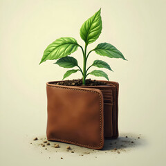Green plant growing out of leather wallet on neutral background