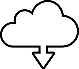 Cloud download icon with downward arrow in simple modern design, isolated on transparent background. Cloud download icon vector representing digital data transfer, file sharing and online backup.