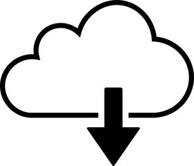 Cloud download icon with downward arrow in simple modern design, isolated on transparent background. Cloud download icon vector representing digital data transfer, file sharing and online backup.