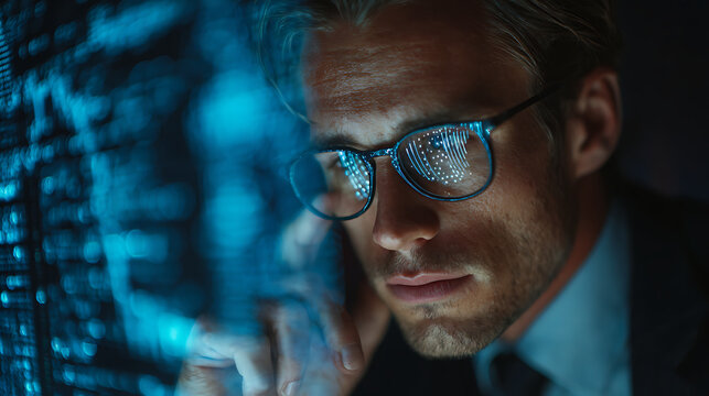 executive man professional in formal attire examining data displayed on screen hologram futurist concept digital technology office work corporate career innovation business analysis visualization - Powered by Adobe