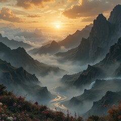 Golden sunrise over misty mountain peaks with dramatic landscape scenic view