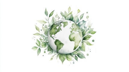 A watercolor painting of earth surrounded by green leaves, symbolizing environmental sustainability and esg reporting. 