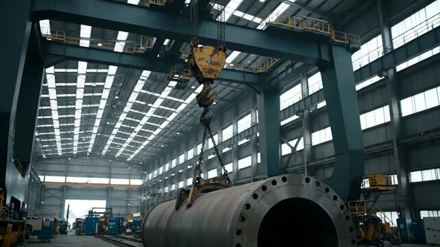 An overhead gantry crane lifts a large, heavy metal pipe section inside a vast industrial manufacturing factory.