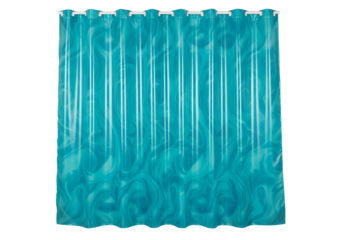 A vibrant teal shower curtain with swirling, marbled design is displayed against a dark background.