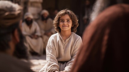 Young Jesus, wise beyond his years, teaches the elders in the temple courtyard, his calm authority and insight inspiring awe, symbolizing divine wisdom and early spiritual purpose.