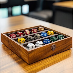 elements for board game in wooden box on the table, illustration