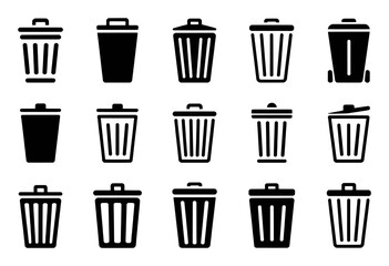 Collection of Black and White Trash Can Icons on a White Background