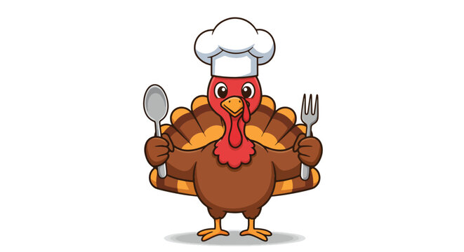 Cartoon turkey chef holding a spoon and fork, wearing a chef's hat.