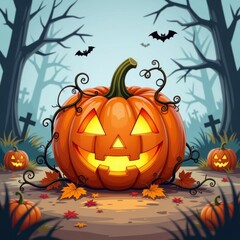 Glowing Halloween Pumpkin Vined with creepy smile, surrounded by smaller pumpkins, leaves, foggy forest backdrop, gravestones. Concept of Halloween Pumpkin Vined celebration in eerie atmosphere.
