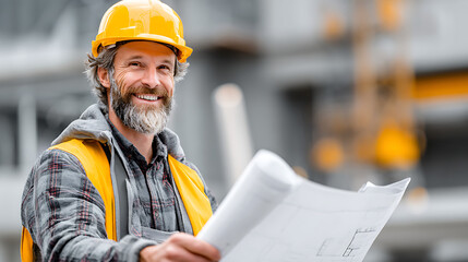 professional construction worker wearing safety vest and hard hat holding blueprint demonstrating safety project planning industrial engineer site management workplace protection