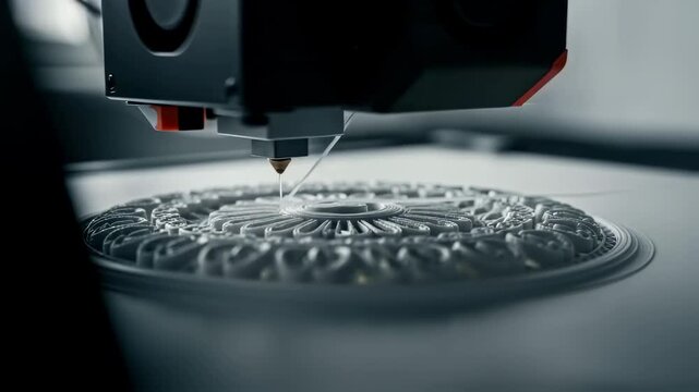 Closeup of the 3D printer creating the ceiling rosette layers before the installation phase begins.