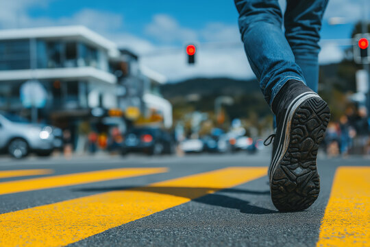 Pi&eacute;tons traversant un passage prot&eacute;g&eacute; en ville avec circulation urbaine et feux tricolores