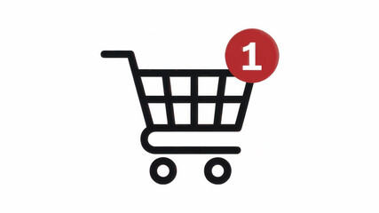 Shopping cart icon with notification badge displays one new item ready for purchase, symbolizing online order completion and e-commerce success.