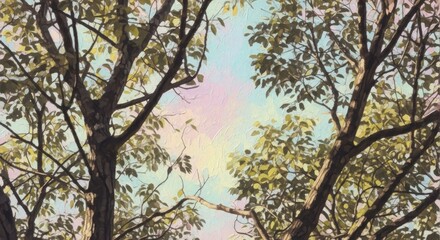 Obraz premium A low-angle view looking up through tree branches with green leaves against a multicolored pastel sky.