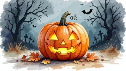 Halloween Pumpkin Watercolor featuring glowing pumpkin with sinister smile on dry grass. Concept of Halloween Pumpkin Watercolor celebrates spooky season in vibrant style.