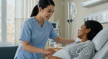 A caring medical professional comforts a patient, offering support and empathy. The hospital environment is visible, highlighting the dedication to healthcare.