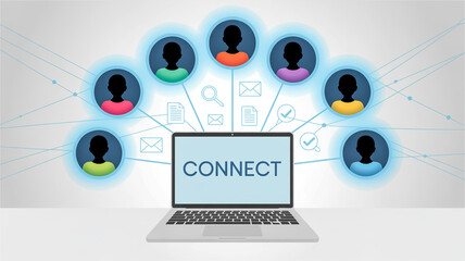 Laptop with CONECT Text Surrounded by Silhouetted People Icons computer connect