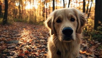 Golden retriever faces the camera in a sun-drenched autumnal forest path, showcasing warm, natural colors and a tranquil mood.