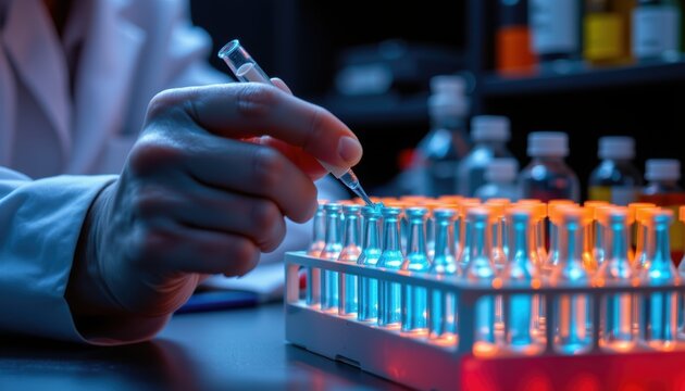 Laboratory Experiment in Progress Science Lab Detailed Shot of Test Tubes Neon Lighting Environment Close-up View