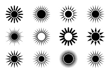 Collection of Black and White Sun Icons with Varying Ray Designs