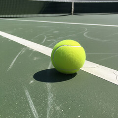 tennis ball on court. A tennis ball rolling across a tennis court in the warm afternoon sun.