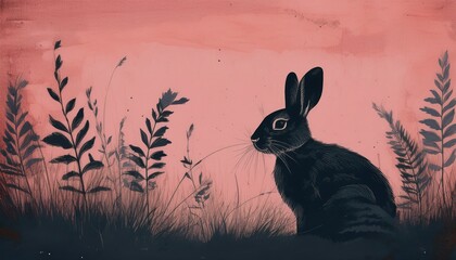 black rabbit silhouette in a dreamy pink meadow surrounded by wildflowers and soft foliage