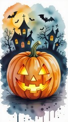 Halloween Pumpkin Watercolor featuring glowing jack-o'-lantern face in vibrant scene. Concept of Halloween Pumpkin Watercolor celebrates spooky atmosphere and festive spirit.