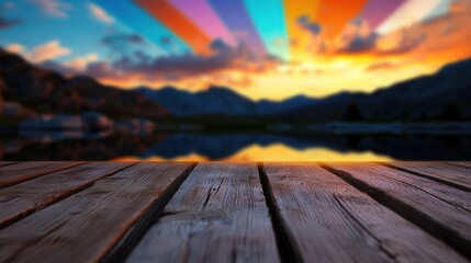 Rustic wooden deck offering a tranquil viewpoint over a picturesque mountain lake, illuminated by the breathtaking, colorful rays of a vibrant sunset sky