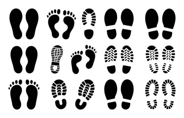 Collection of Black Footprints and Shoe Prints on White Background