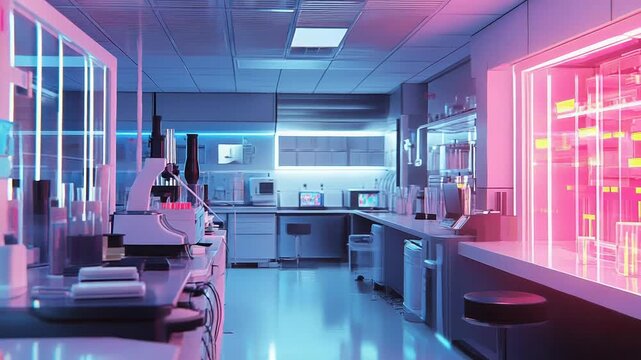 Modern laboratory with neon lights illuminating microscopes and equipment