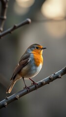 A European robin sits quietly on a bare branch in a soft winter light.