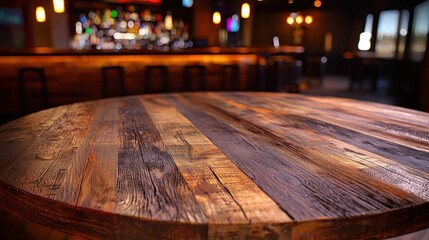 Wooden Table with Blurred Bar Background Perfect for Product Placement and Presentations